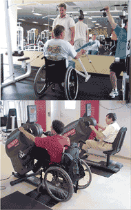 Figure 2a – This picture shows a wheelchair user in a gym, with a spotter, using a forearm adaptation to perform bicep curls on a pulley machine. Also shown is another gym user at an overhead pull machine. Figure 2b – This picture shows two users using an ergometer, with upper and lower body pedals, side by side in the gym. One of the users is performing the exercise from his wheelchair. 